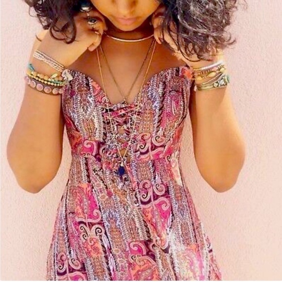 Anthropologie Dresses & Skirts - Mieeion | Pink Paisley Print Lace Up Front Mini Dress